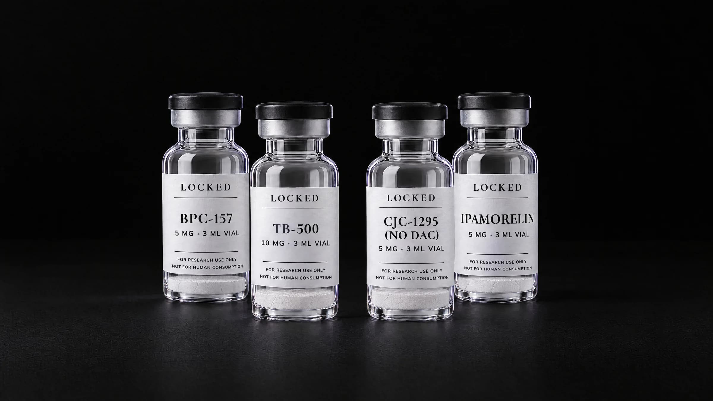 4 sealed Locked vials, the BPC-157 + TB-500 + CJC-1295 + Ipamorelin bundle